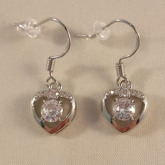925 Sterling Silver Heart Romantic Diamond Zircon Dangle Earrings - Picture 3 of 4